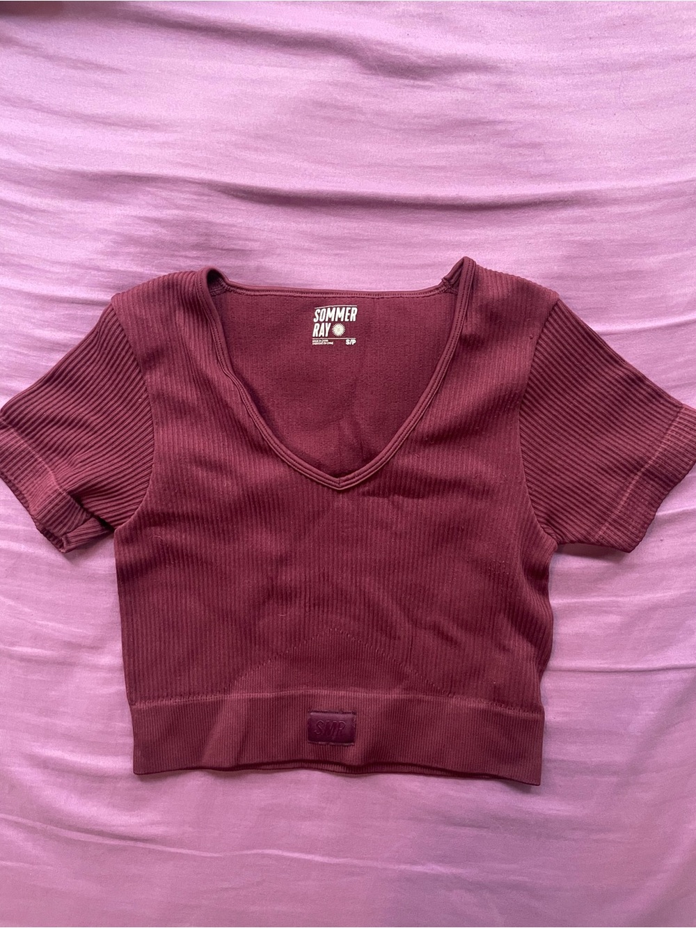 Sommer Ray Short Sleeve Ribbed V-Neck Crop Top in Plum
